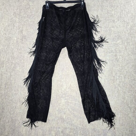 Black Lace Fringe Pants With Elastic Waist & Side Fringe Detailing - Picture 2 of 7